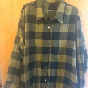 Olive green and black check button up flannel